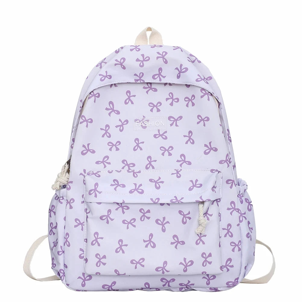 Nylon Student Backpack Bow Printed for Girls Women Schoolbag GlowCart