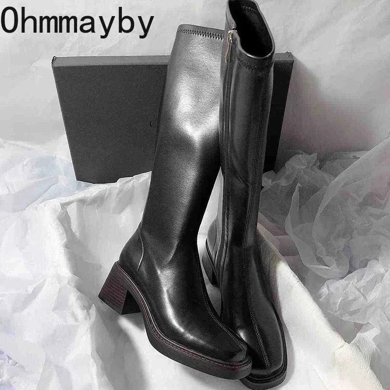 Vintage Thick Heel Women Knee High Boots Fashion Side GlowCart