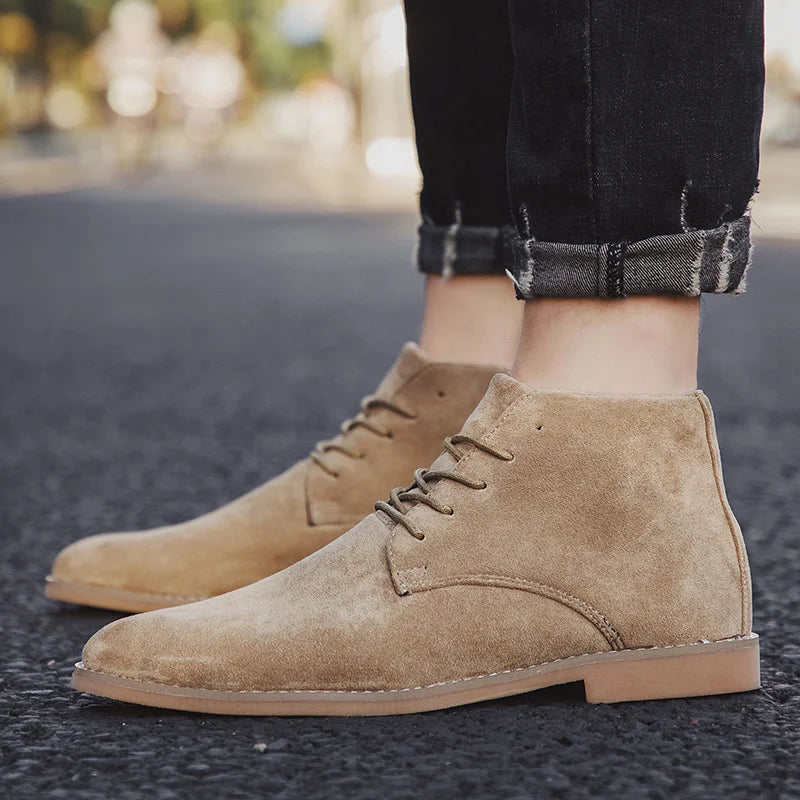 Fashion Khaki Chelsea Boots Men British Style Suede Leather Shoes Men Pointed -toe Men Dress Boots High top Design Ankle Boot GlowCart