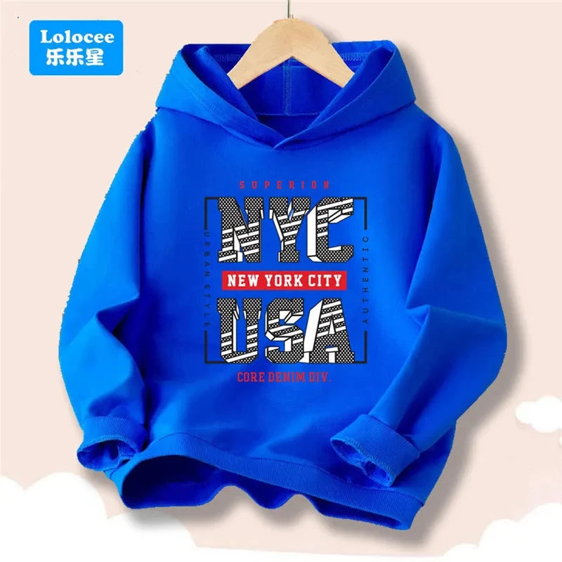 Boy Girl New York U.S.A City Hoodies Fashion Letter Printed Graphic Hooded Sweatshirts Kids Loose Pullover Sportwear ZMNY3 GlowCart
