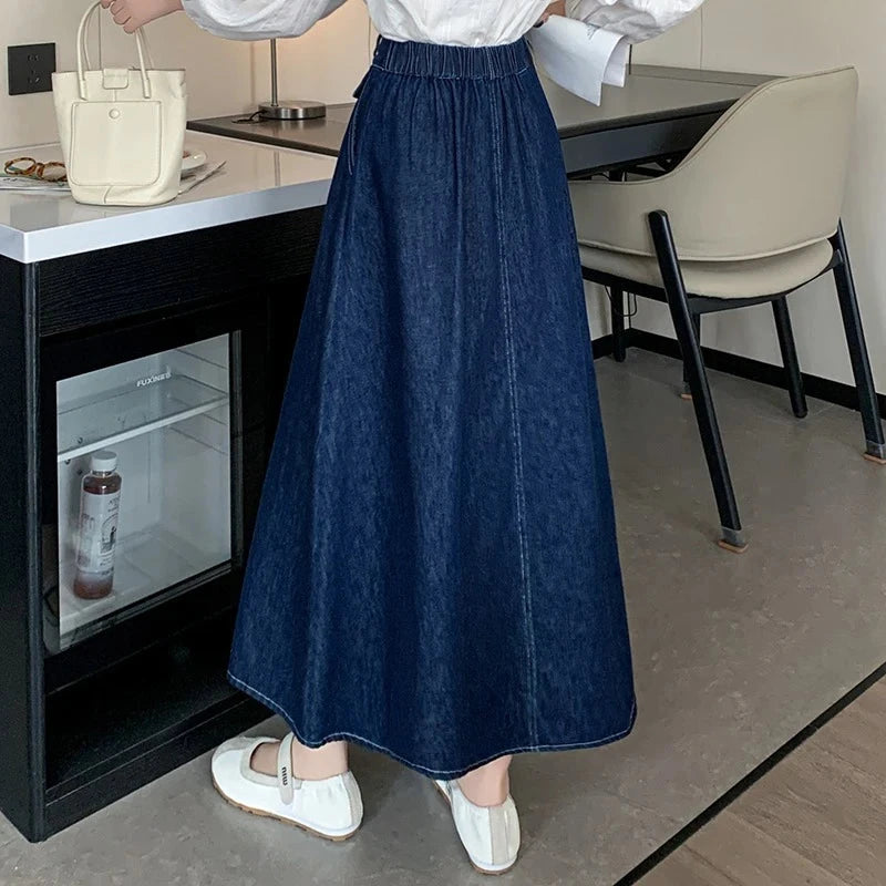 Seoulish High Waist Vintage Denim Women's Umbrella Skirts Pockets Single Button Casual Loose A-line Long Skirts Female 2025 New GlowCart