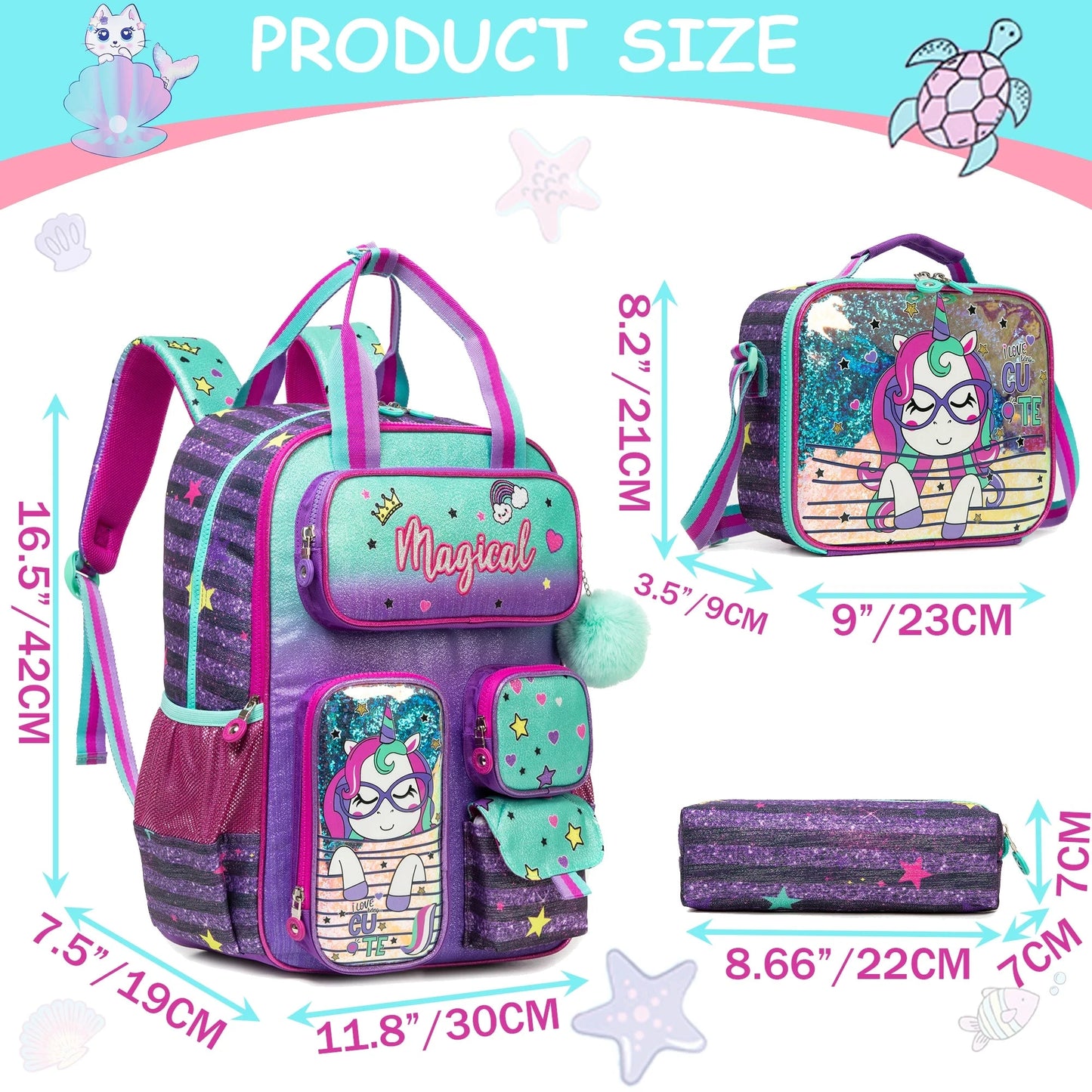 School Bags for girls Backpacks for Kids with Lunch Bag and Pencil CasesCute Backpacks for Kindergarten and Elementary School GlowCart