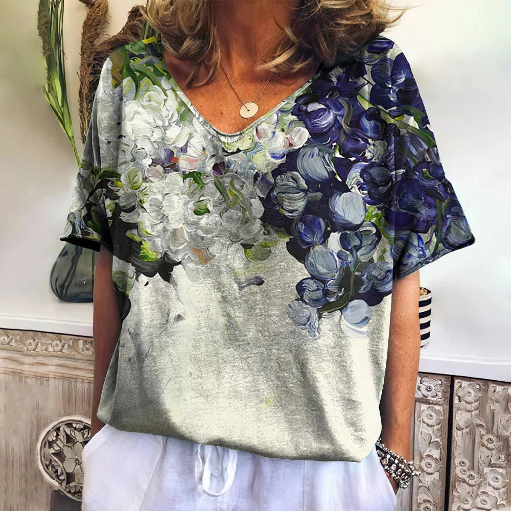 Women's T Shirts V-neck 3d Art Print Tops Loose Short Sleeve GlowCart