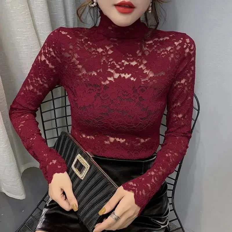 Autumn Fashion Slim Lace Hollow Out Net Yarn Solid Color GlowCart