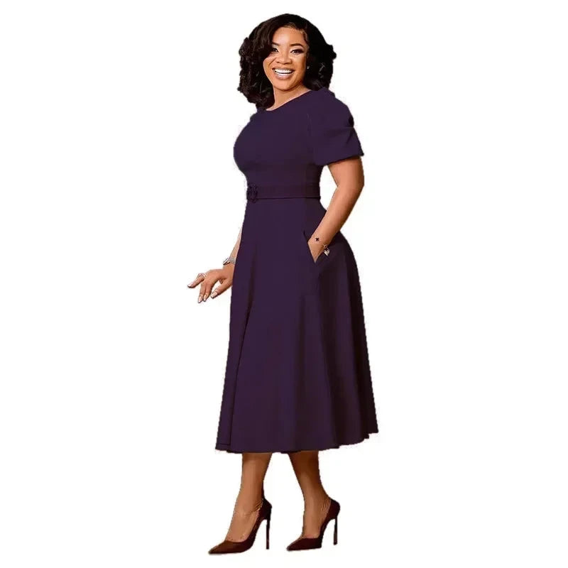 Ladies Office Dresses Women Formal Work O-Neck Puff Sleeve GlowCart