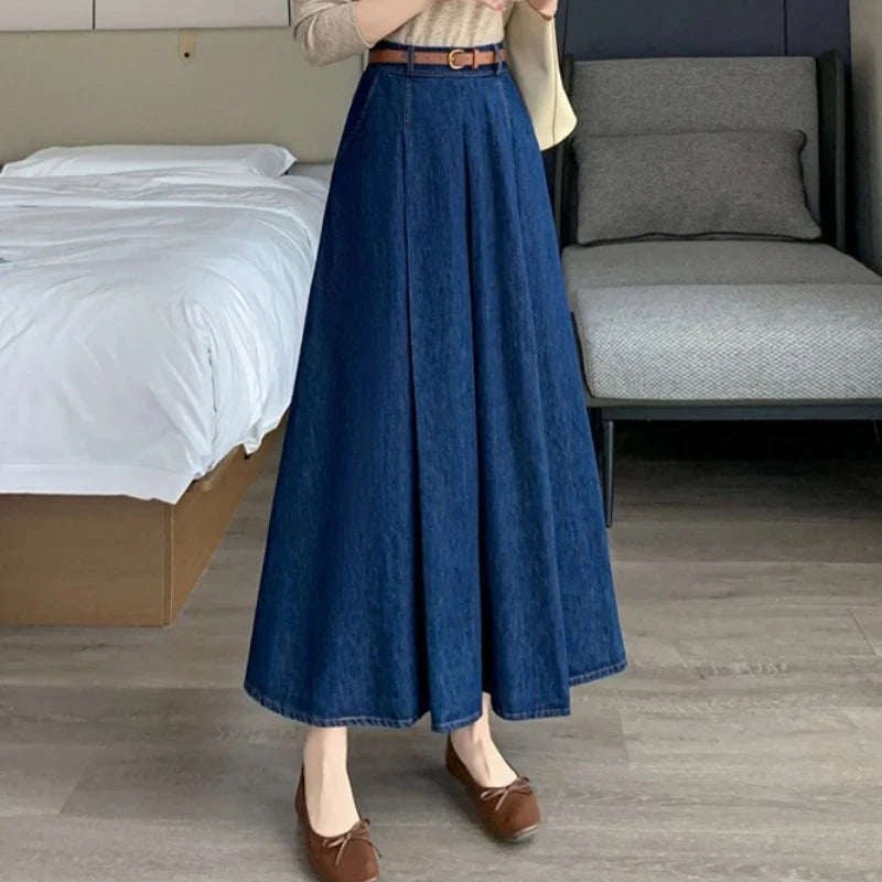 Seoulish Autumn High Waist Denim Women's Umbrella Skirts with Belted Korean Loose A-line Long Jeans Skirts Female 2025 New GlowCart