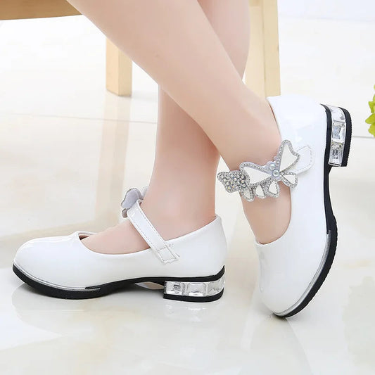 Girls Leather Shoes 2023 Spring Summer PU Patent Leather Kids Dress Shoes High Heels Butterfly-knot Dress Shoes for Wedding Chic GlowCart
