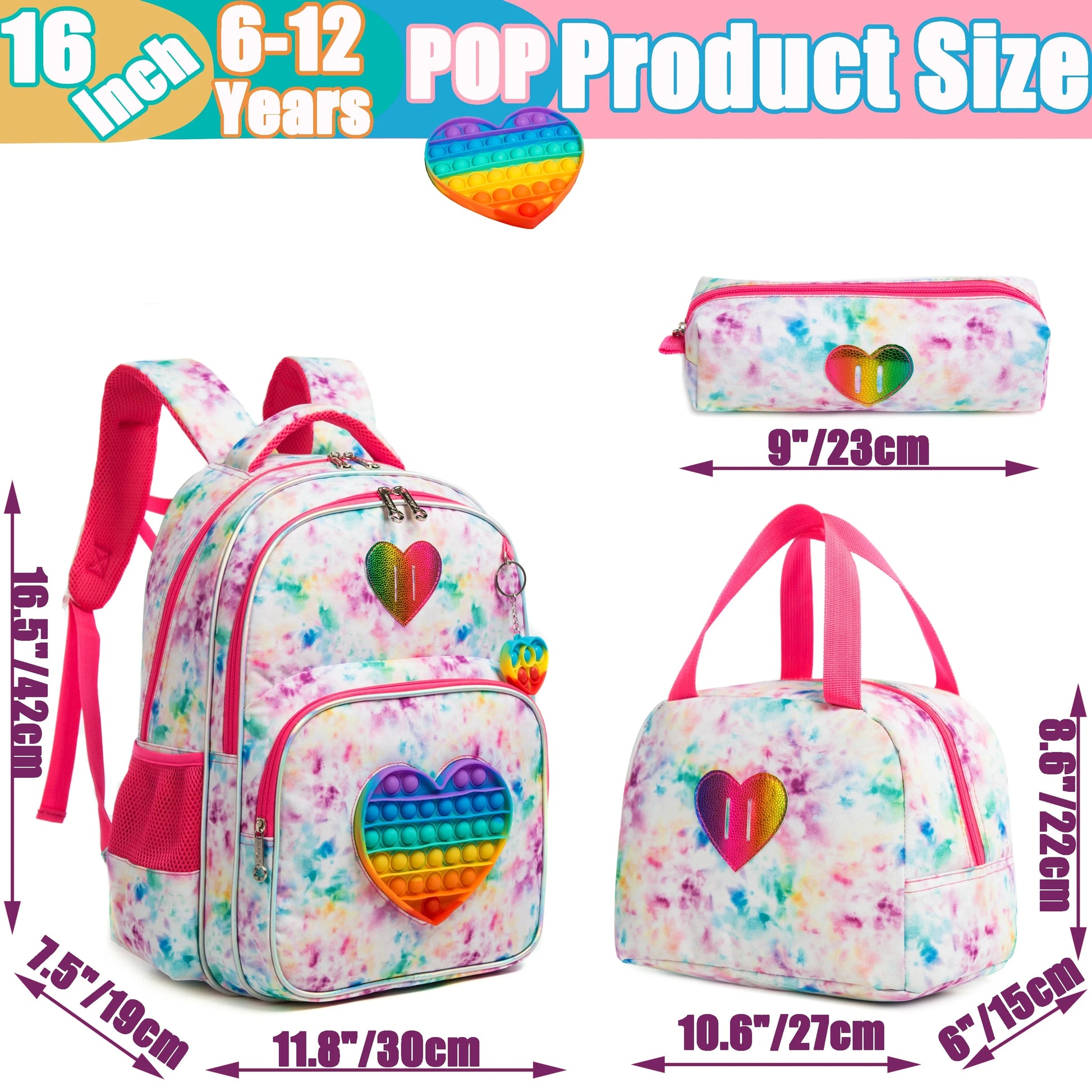Meetbelify 16.5'' POP Backpack for Girls Kids  Elementary Preschool Student with Lunch Box Pencil Case 3 in 1 GlowCart