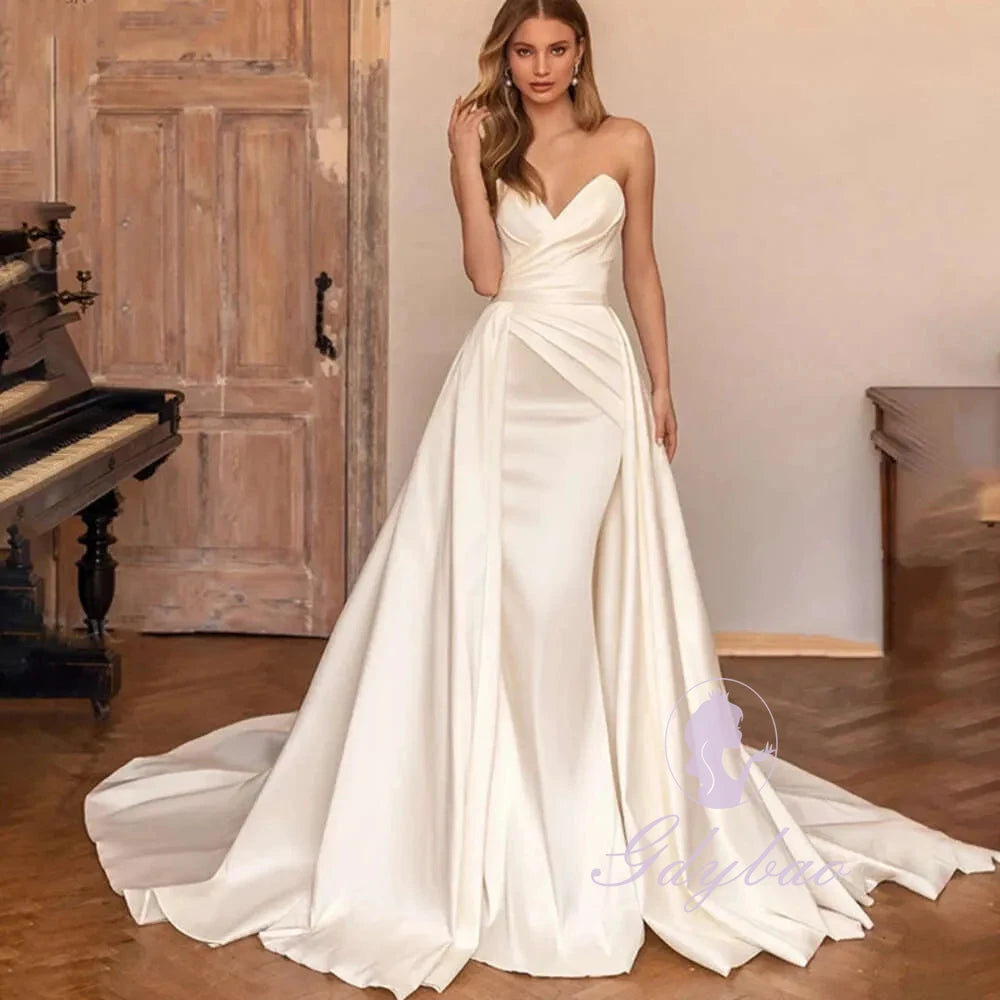 Ivory Satin Evening Dress Women Off Shoulder Pleated Bridal