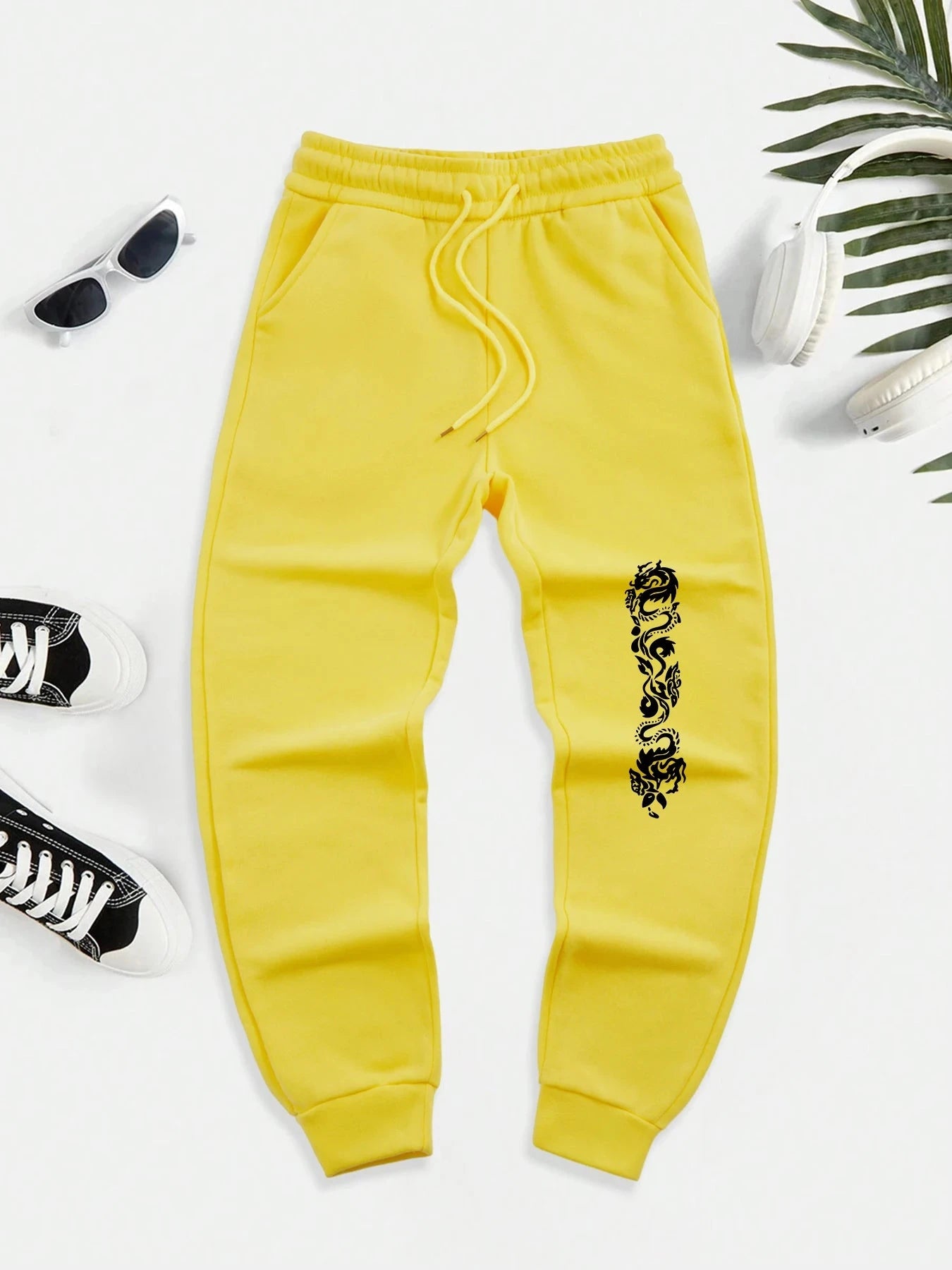Creative Double Dragon Prints Sweatpants Men Street Fleece GlowCart