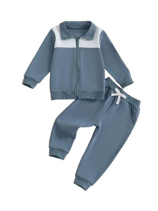 Toddler Boy Fall Outfits Contrast Color Long Sleeve Zip Up Jacket Elastic Waist Solid Pants 2 Pcs Set GlowCart