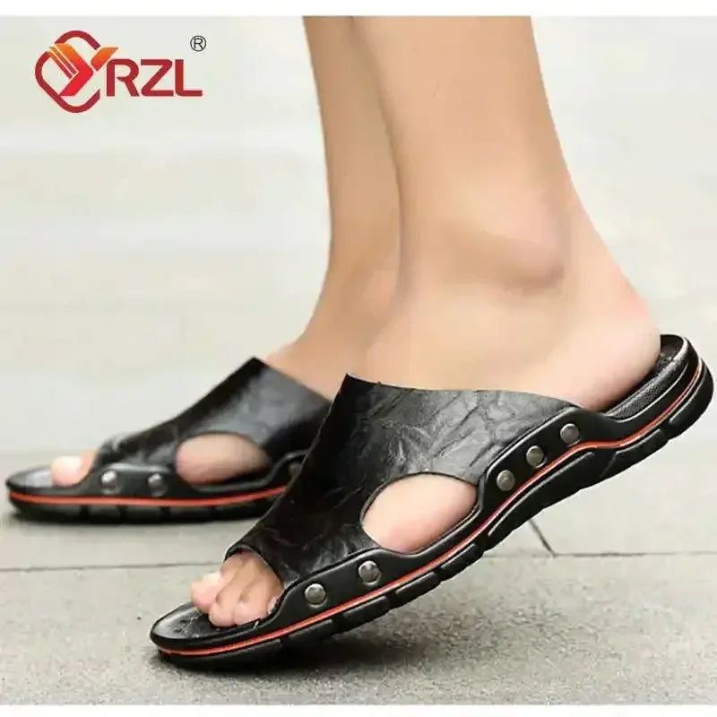 YRZL Mens Sandals PU Leather Classic Summer Men Slippers Soft Black Slippers Big Size Slippers Lightweight EVA Slides for Men GlowCart