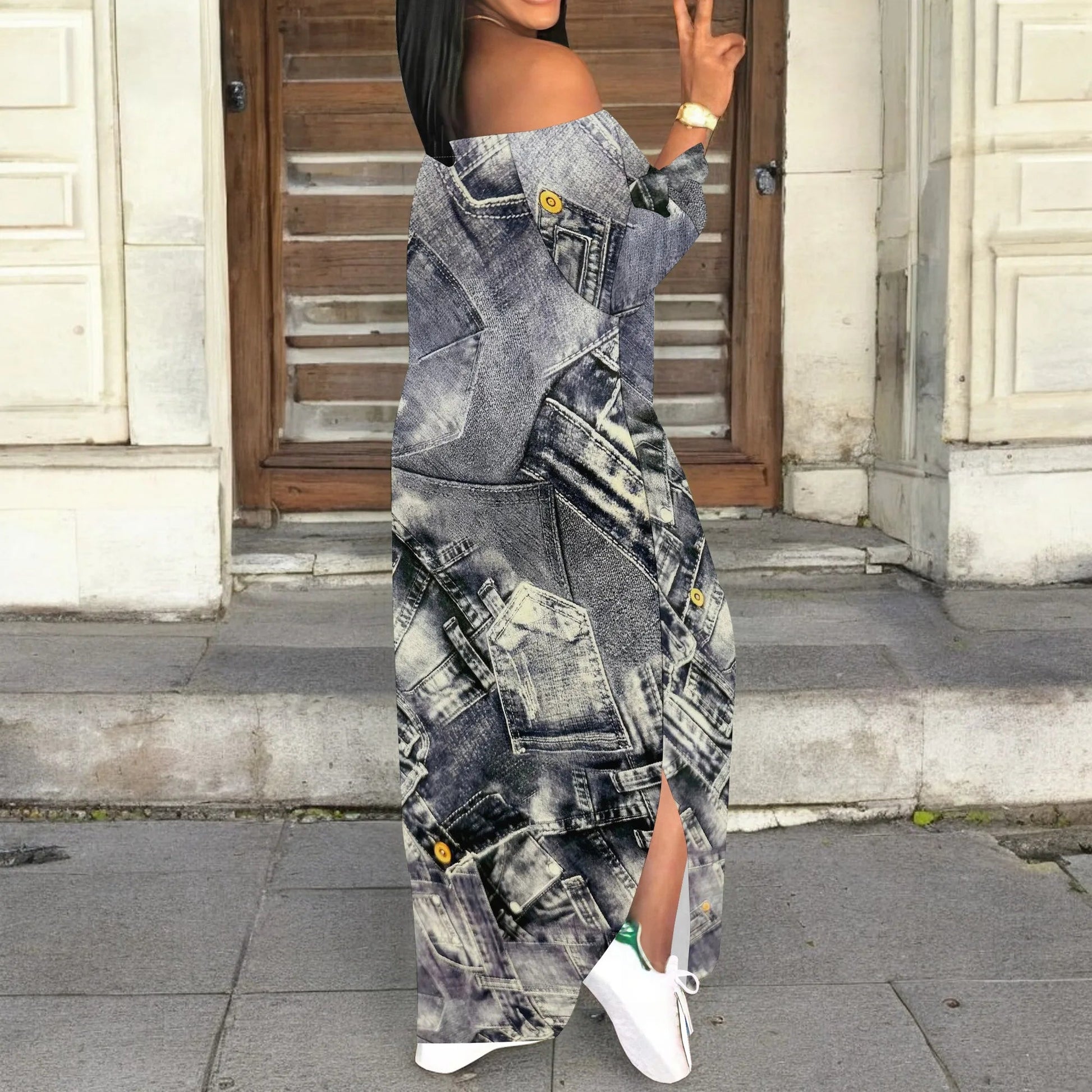 Denim Retro Print Long Sleeve Slim Fit Elegant Casual Slit One-Shoulder Neck Dress GlowCart