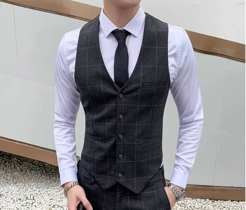 Fashion Men Business Checkered Striped Suit Vest Black / GlowCart