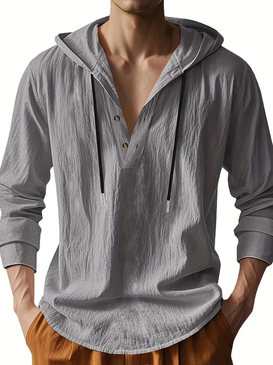 Men's Lightweight Linen Hooded Henley Shirt Casual Long GlowCart