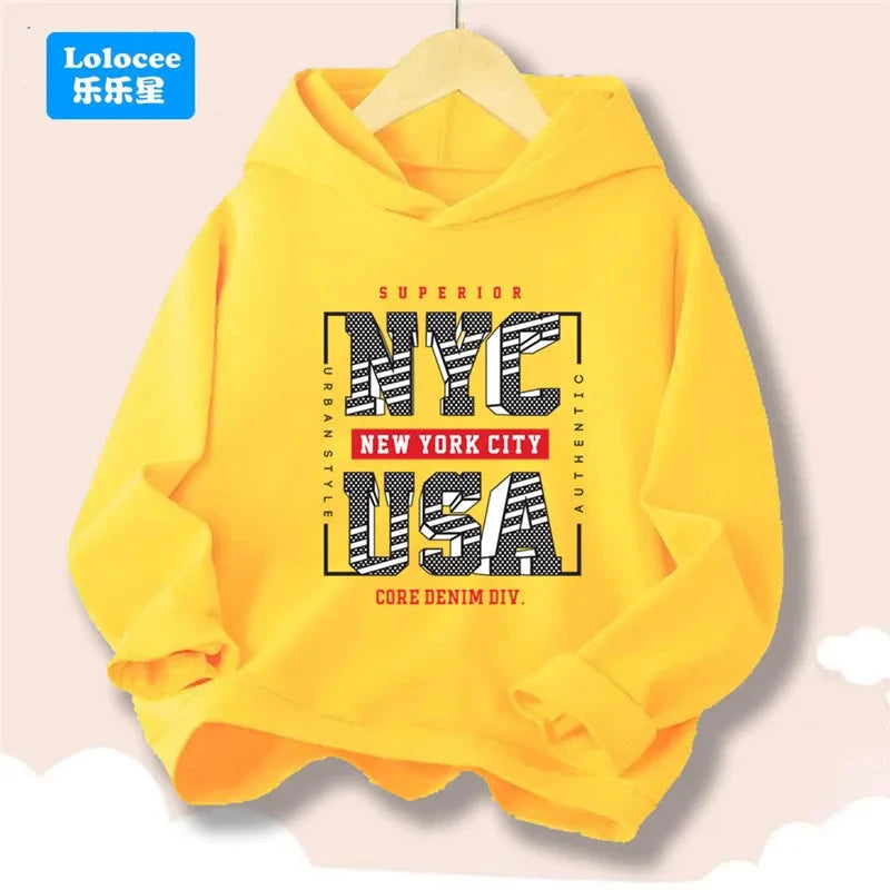 Boy Girl New York U.S.A City Hoodies Fashion Letter Printed Graphic Hooded Sweatshirts Kids Loose Pullover Sportwear ZMNY3 GlowCart
