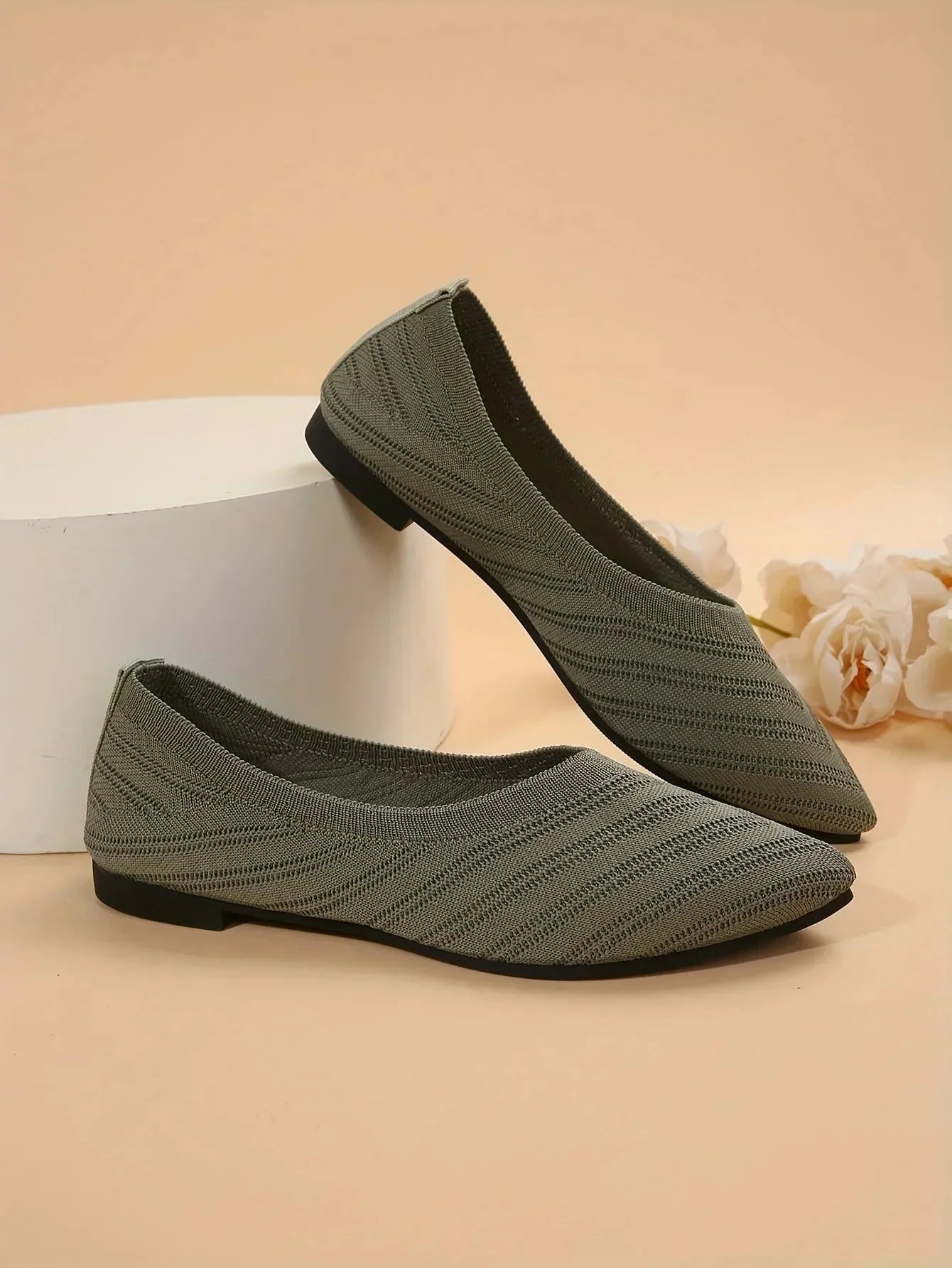 New 2024 Pointed Toe Flat Office Boat Solid Color Knitted GlowCart