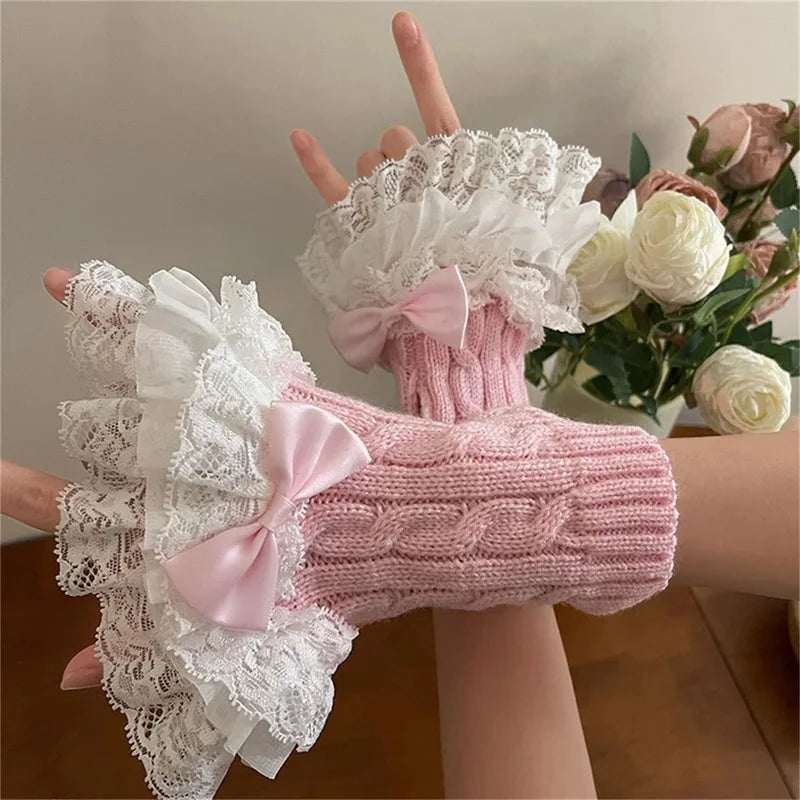 Women s Winter Warm Knit Arm Sleeves with Delicate Lace Trim GlowCart