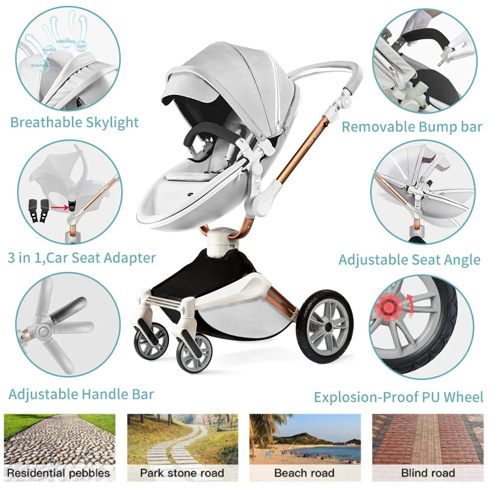 Hot Mom F023 Baby Stroller 2 in 1,Rotates 360 Degrees,PU Leather, Mosquito Net, Rain Cover, Adapter, Cup Holder, large wheels GlowCart
