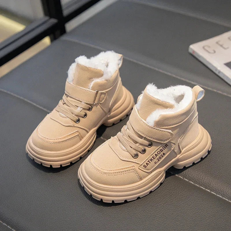 Boys Girls Sports Boots with Fur 2025 New Fashion Kids Ankle Boots Warm for Winter Sweet Students Short Boots Non-slip Soft Sole GlowCart