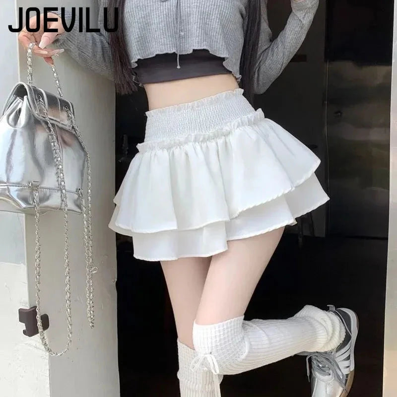White Preppy Style Skirt Elastic High Waist Folds Design GlowCart