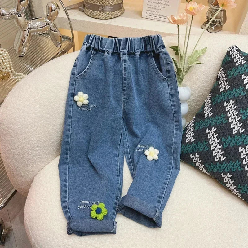 Ambroidered Flower Girl Jeans Baby Boy Kids Jeans Girl Pants Daduhey Wide Leg Pants Harem Trousers Clothes Bottoms GlowCart
