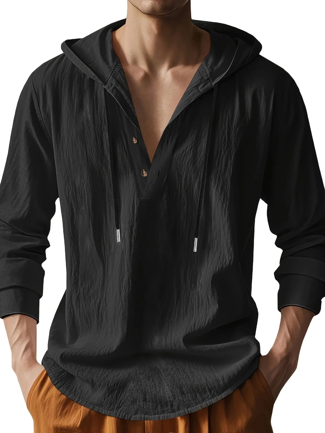 Men's Lightweight Linen Hooded Henley Shirt Casual Long GlowCart