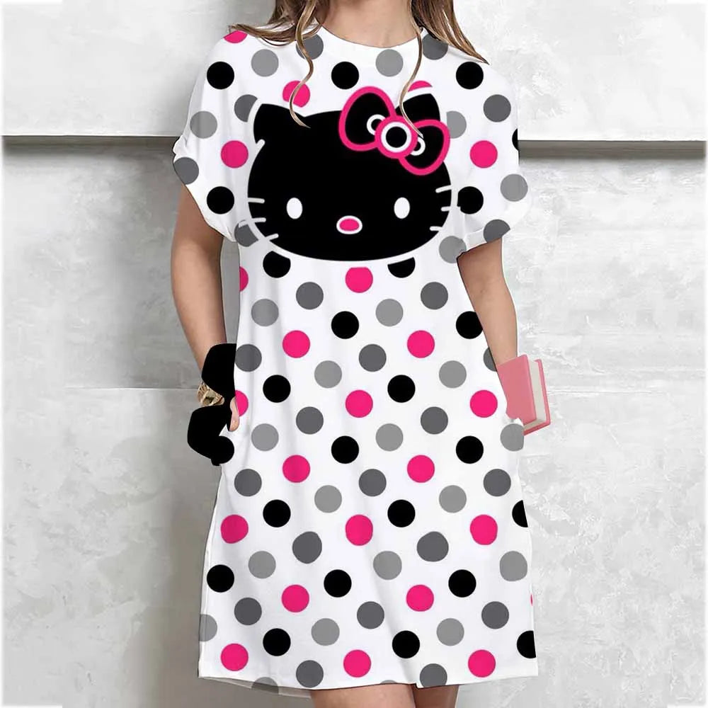 Women's long tshirt dress summer fashion girl Hello Kitty print oversized casual round neck short sleeved mini T-shirt dress ﻿ GlowCart