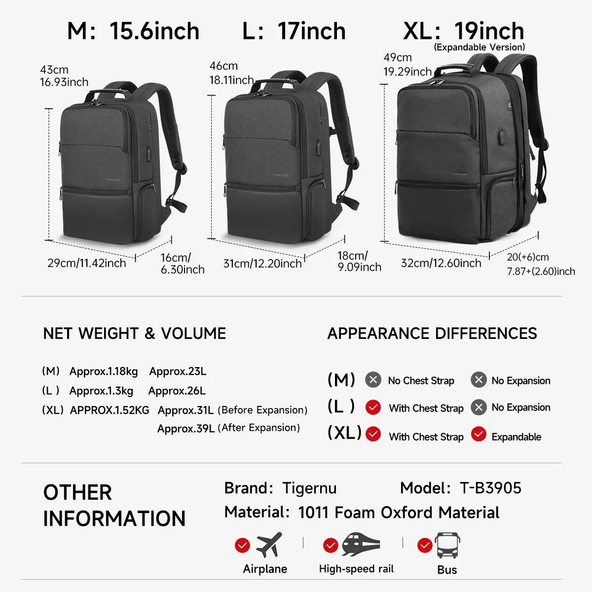 Tigernu Travel Backpacks For Men 15.6 17 19'' Laptop GlowCart