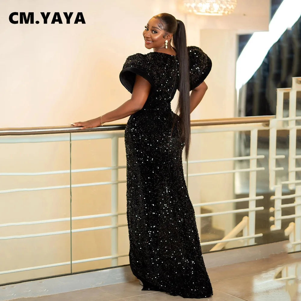 CM.YAYA Women Short Sleeve O-neck High Side Split Sequined Bodycon Midi Maxi Dress 2023 Sexy Party Birthday Long Dresses Vestido GlowCart