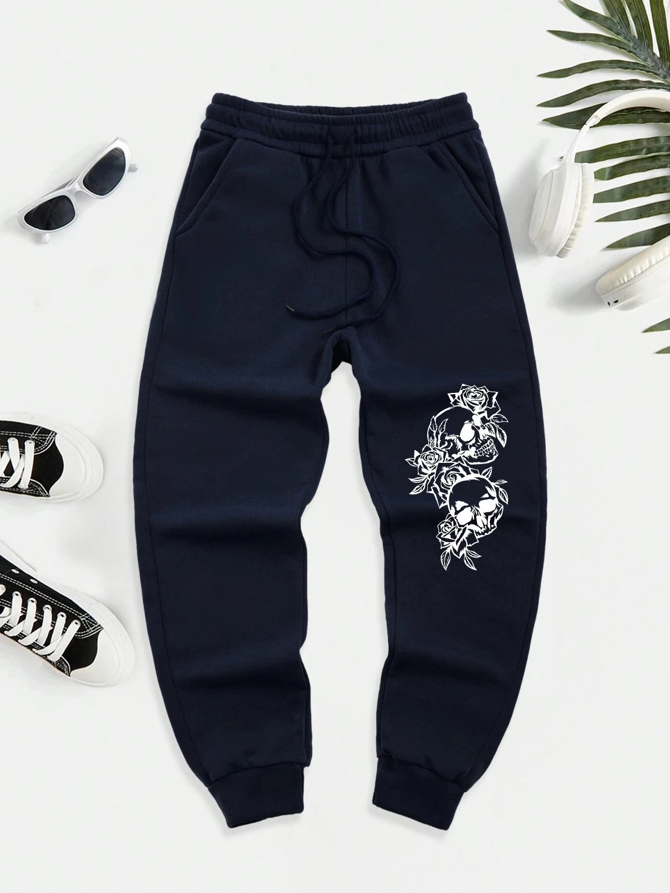 Skeleton Surrounded By Roses Printed Warm Men Long Pant GlowCart