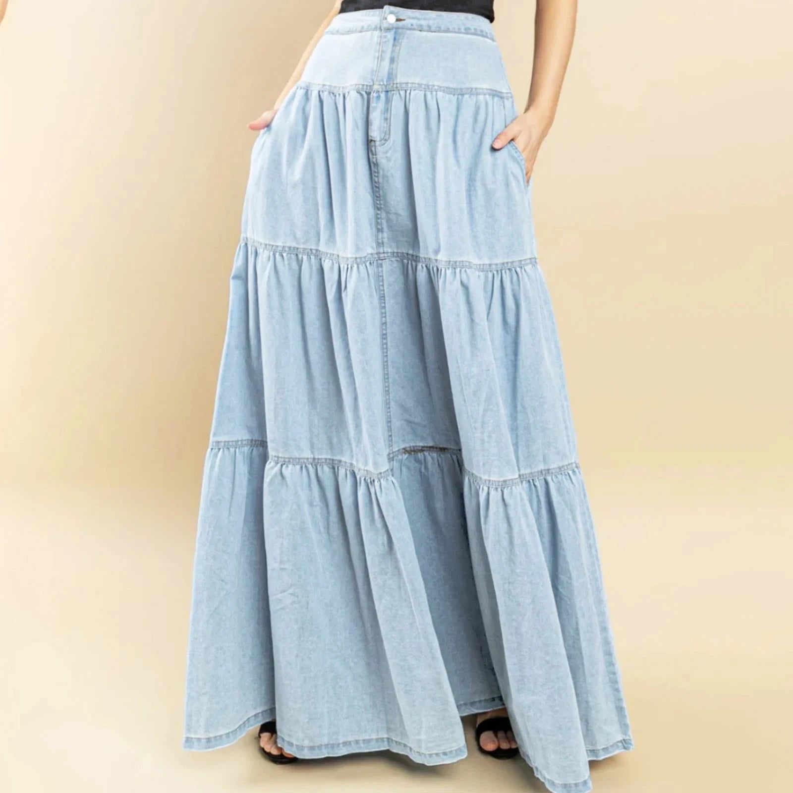 2025 New Fashion Women's Denim Long Skirt Stylish Solid High Waist A-Line Jean Skirt for Summer & Spring GlowCart