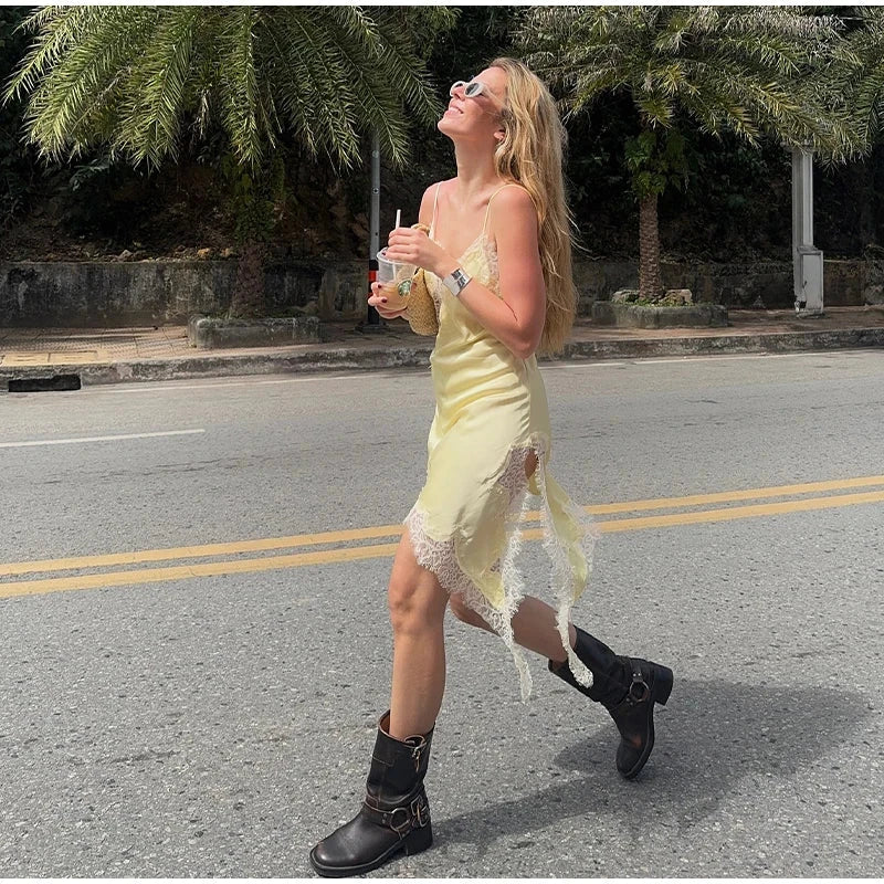 Sexy Lace Patchwork Sling Dress Women Satin Off-shoulder GlowCart