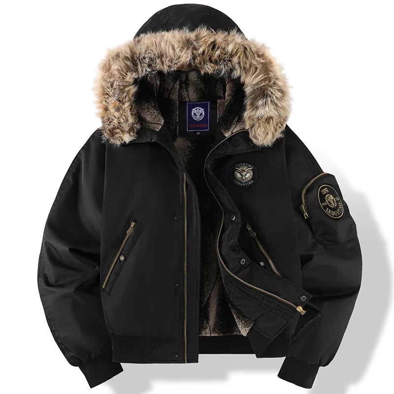 Men's Winter Black Aviator Jacket with Detachable Faux Fur GlowCart