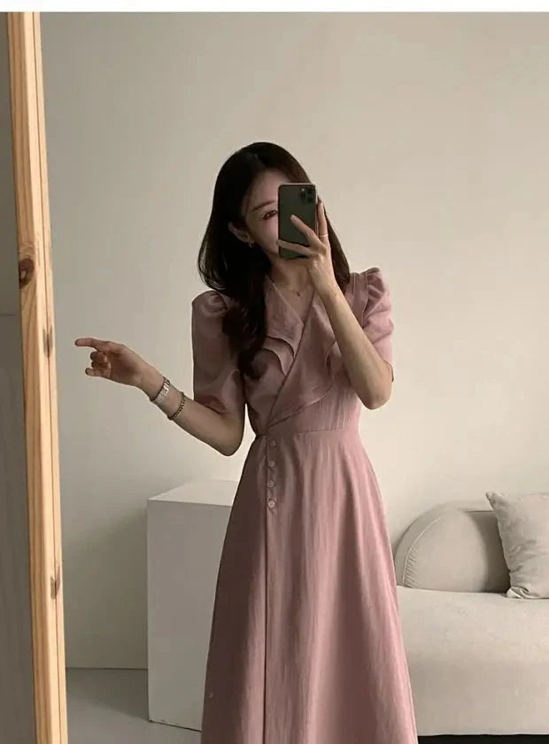 Summer New Chic V-ne Turn-down Collar Slimming Waist Midi Dr GlowCart