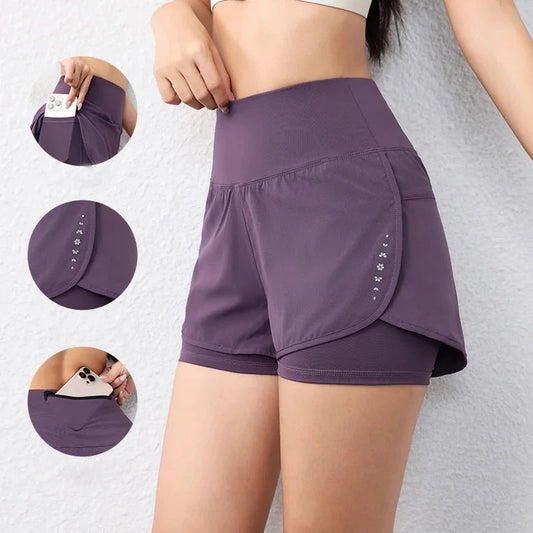 quick-drying women's running shorts sports layer elastic waist active sports shorts with pockets yoga shorts GlowCart