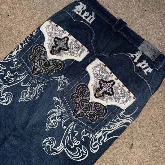 American New Pattern Embroidery Baggy Jeans Male Y2K High GlowCart