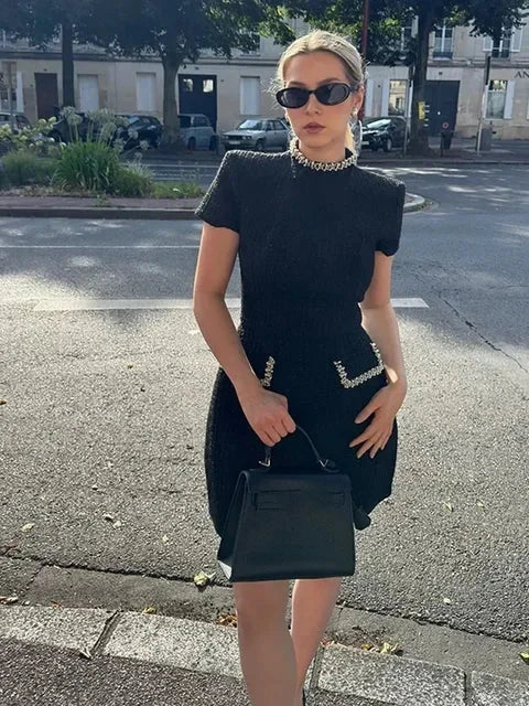 2025 New Elegant Glittery Spliced Beaded Mini Dress Women GlowCart