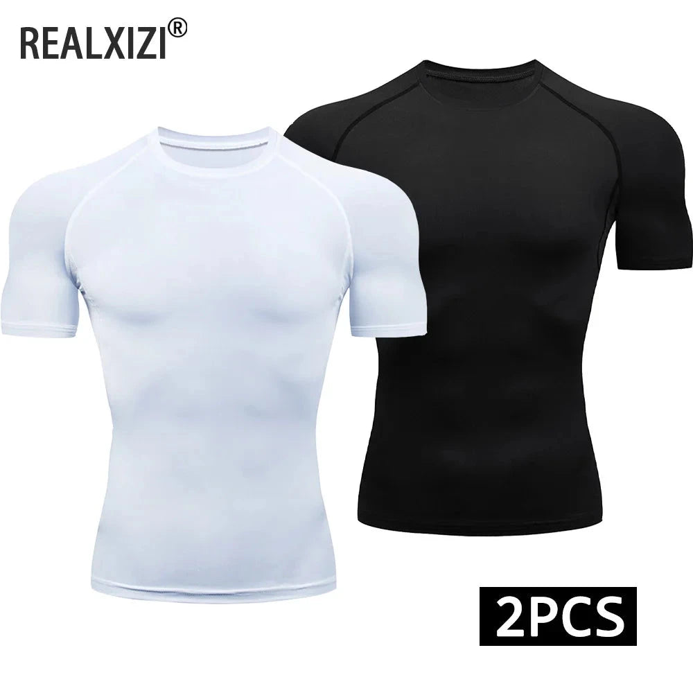 2-Piece Compression T Shirt Men Summer Sportswear Running T-shirt Elastic Quick Dry Sport Tops Athletic Gym Workout Shirts Men GlowCart