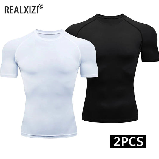 2-Piece Compression T Shirt Men Summer Sportswear Running T-shirt Elastic Quick Dry Sport Tops Athletic Gym Workout Shirts Men GlowCart