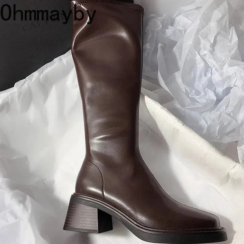 Vintage Thick Heel Women Knee High Boots Fashion Side GlowCart
