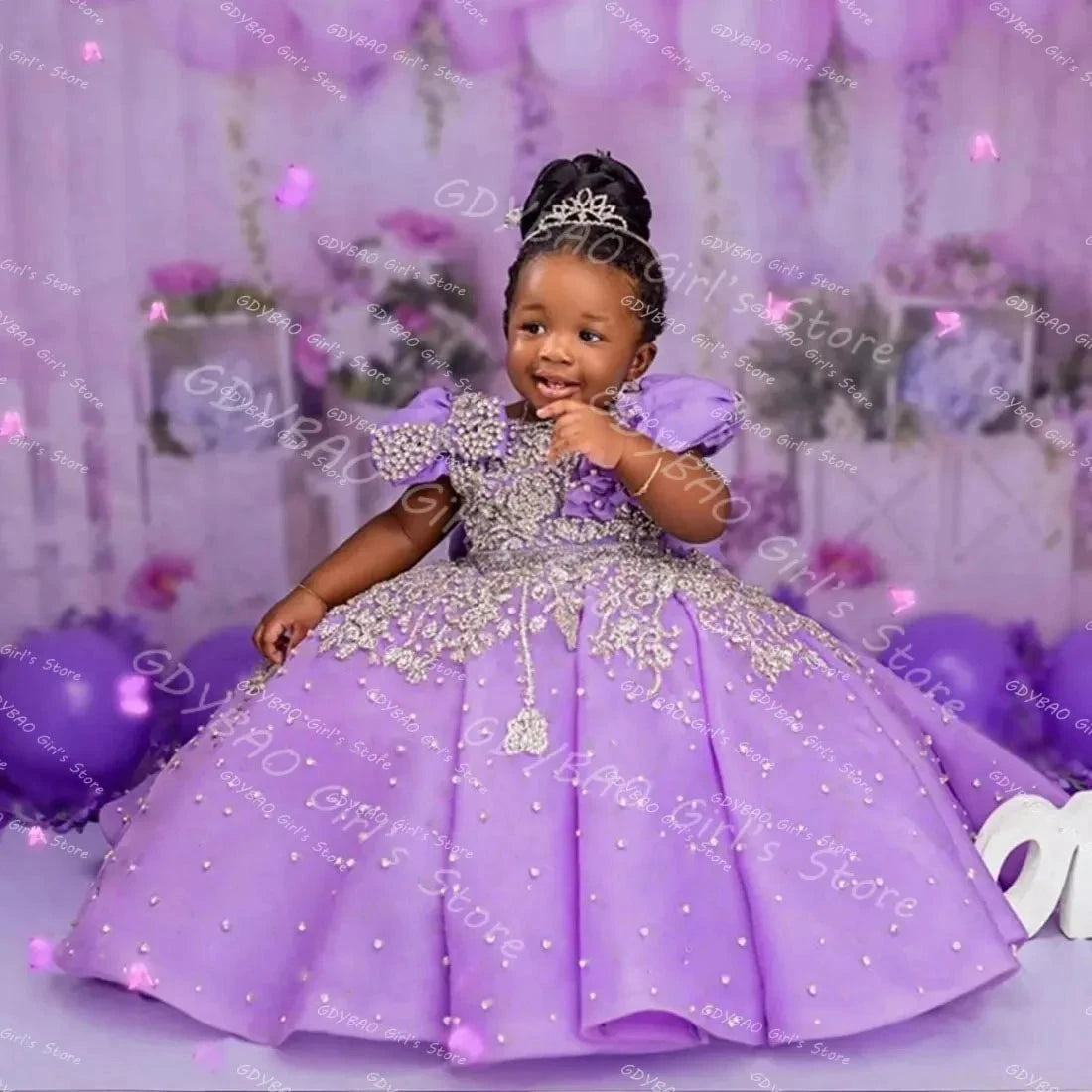 Purple Flower Girl Dress Short Sleeves Ball Gown Princess GlowCart