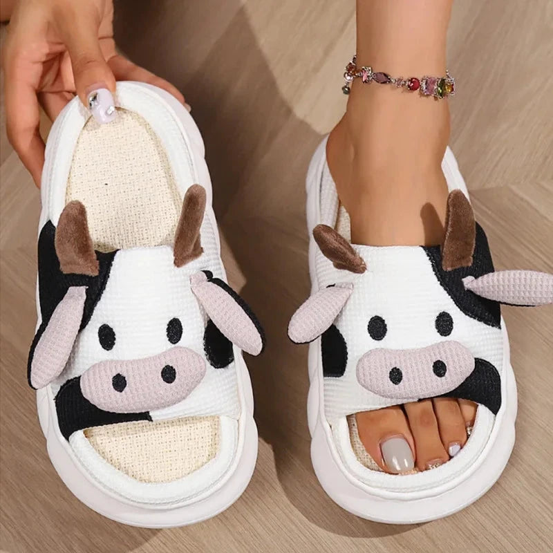 Cartoon Cute Cow House Slippers Women Platform Soft Sole GlowCart