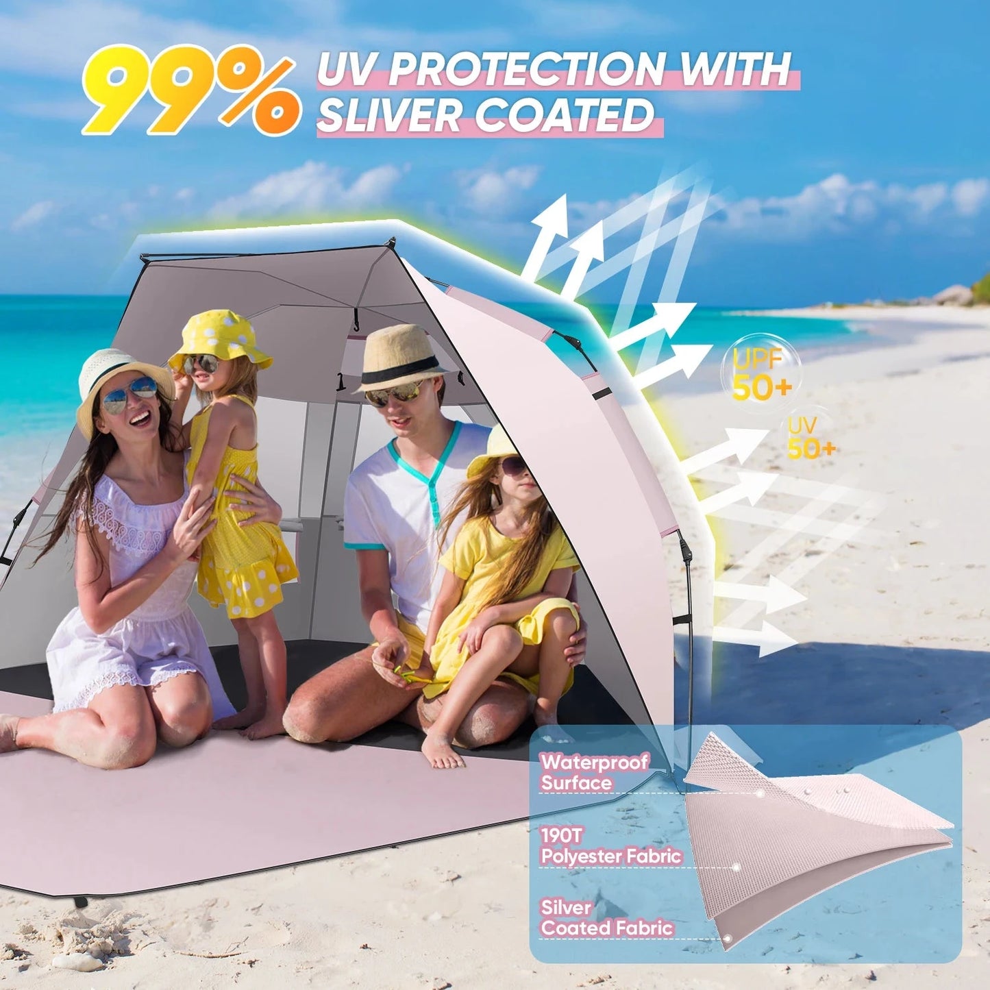 Beach Tent Sun Shelter Pop up Beach Tent Canopy for 4/5/6 GlowCart