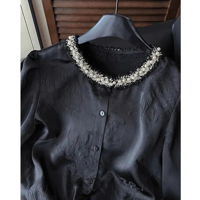 Exquisite Beaded Woman 2025 Shirts & Blouses Long-sleeved GlowCart