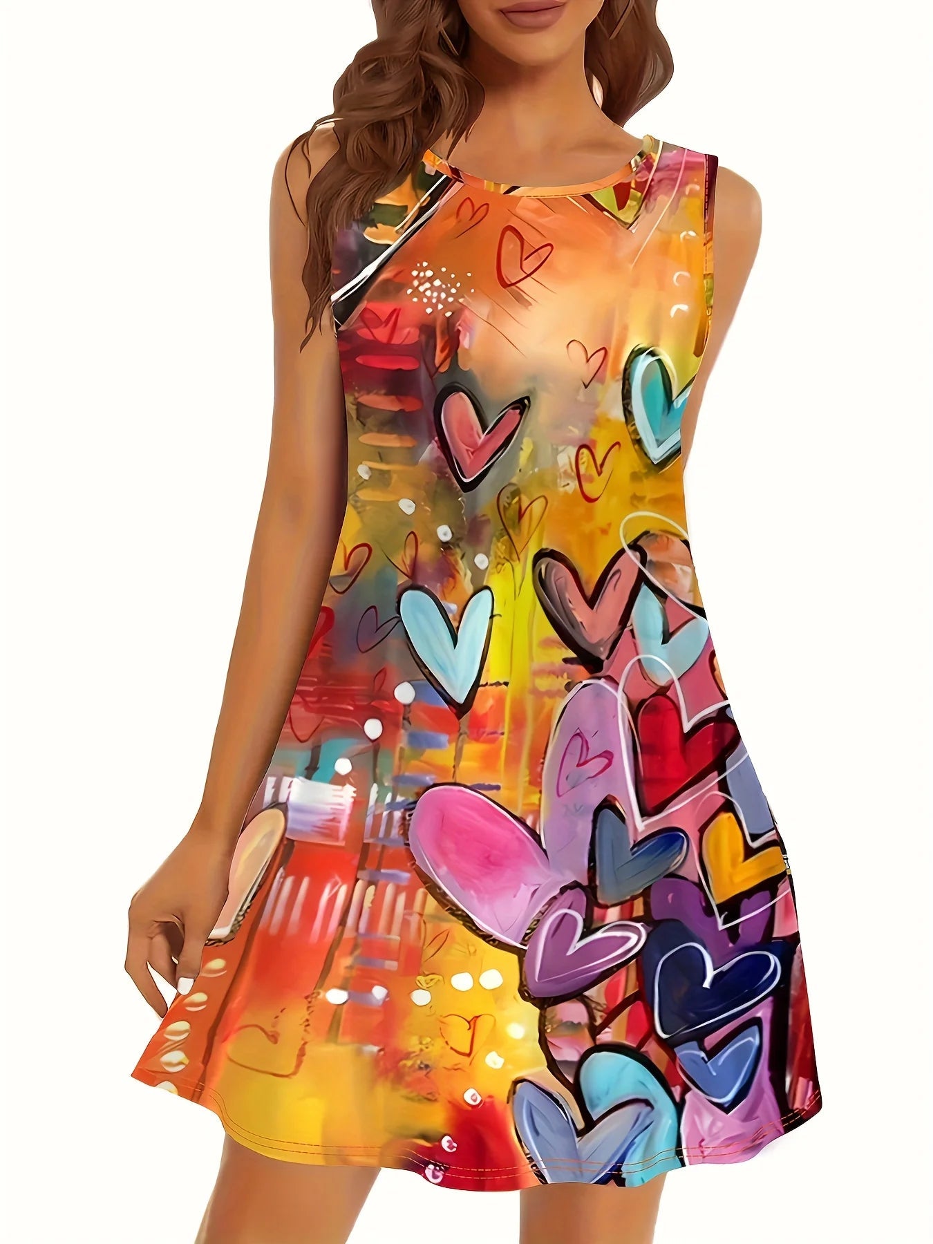 Summer Round Neck Sleeveless Elegant Love Dress Women'S Apparel Colored Geometric Heart Bohemian Women's Dress Female Clothing GlowCart