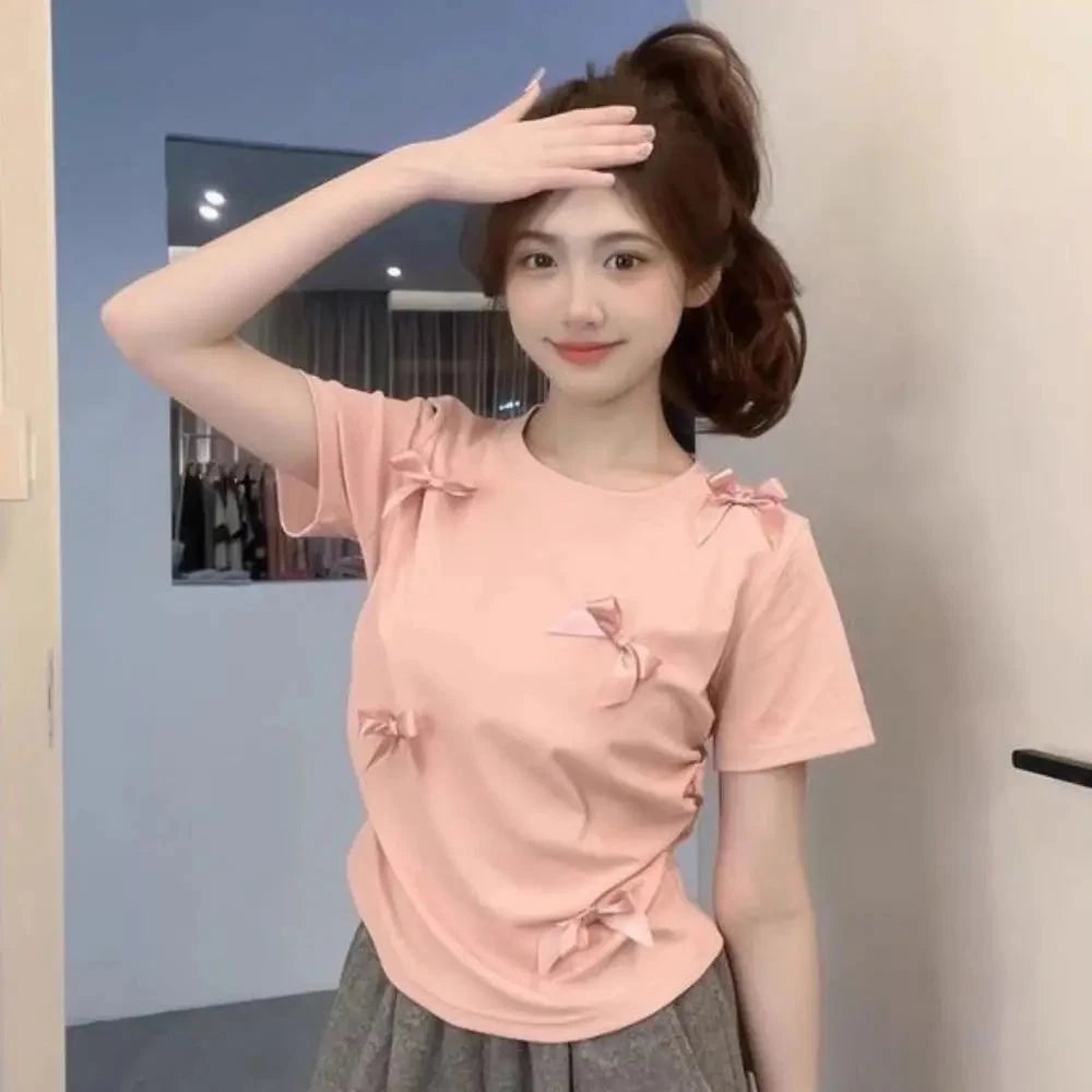 Elegant Ballet Bowknot T Shirts Round Collar Japanese Style GlowCart