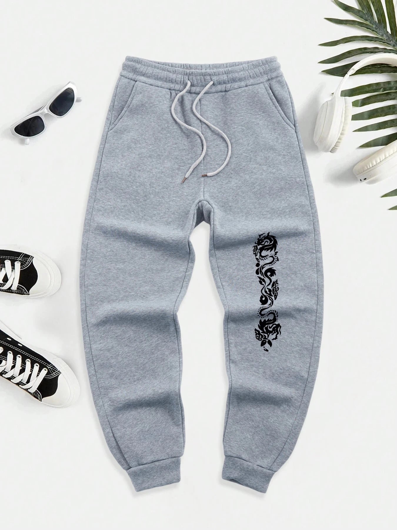 Creative Double Dragon Prints Sweatpants Men Street Fleece GlowCart
