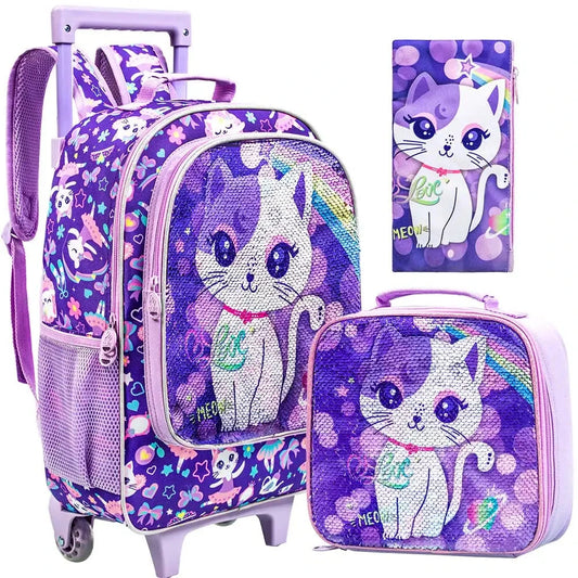 3PCS Rolling Backpack for Girls Kids Roller Wheels Bookbag with Lunch Bag Purple Cat Pattern Design Glow-in-the-Dark Function GlowCart