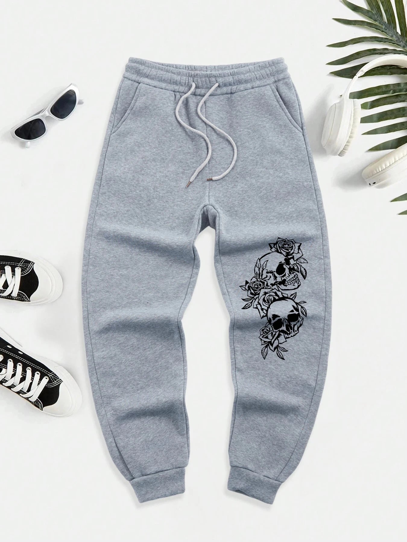 Skeleton Surrounded By Roses Printed Warm Men Long Pant GlowCart